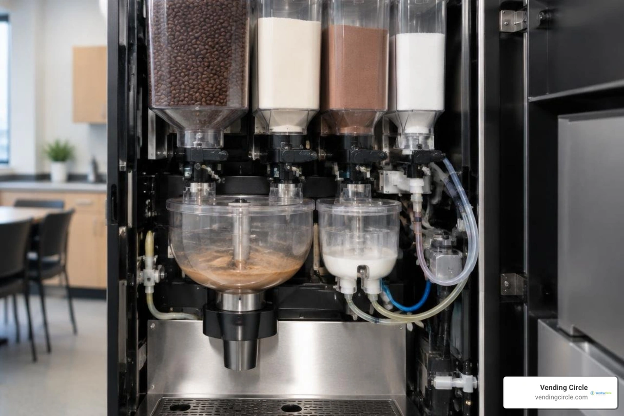 internal canisters and brewing components of a coffee vending machine