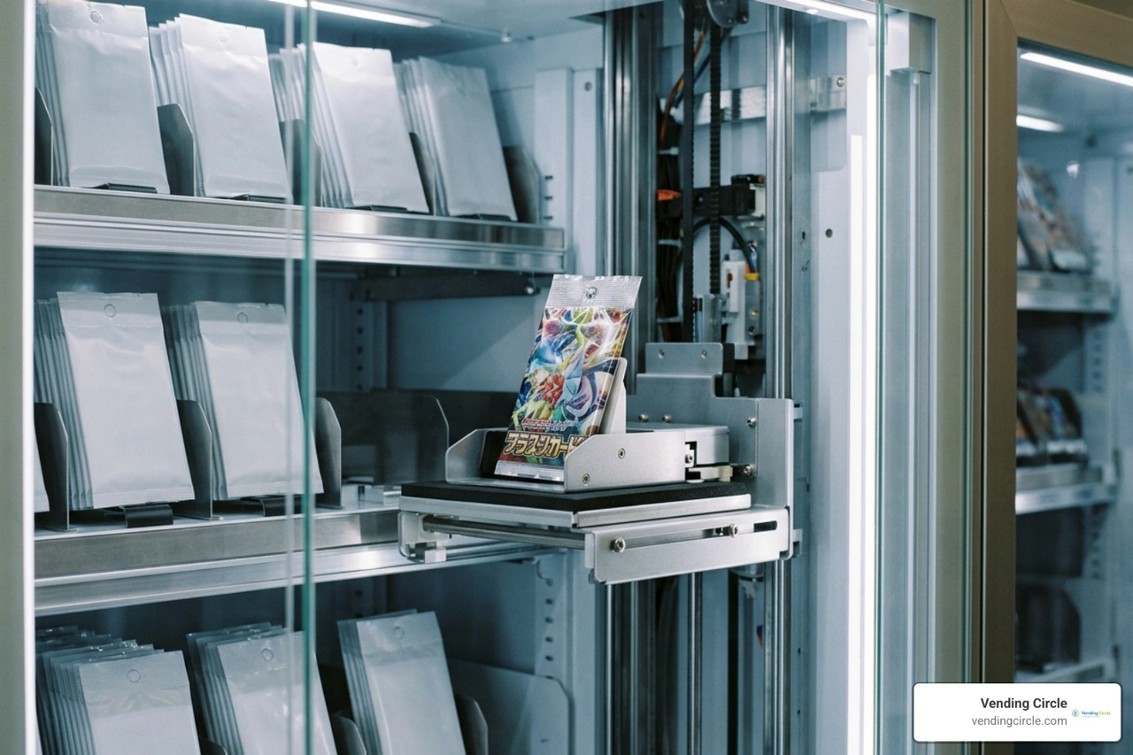 Precision elevator platform retrieving a booster pack safely inside a smart vending machine Precision elevator platform retrieving a booster pack safely inside a smart vending machine
