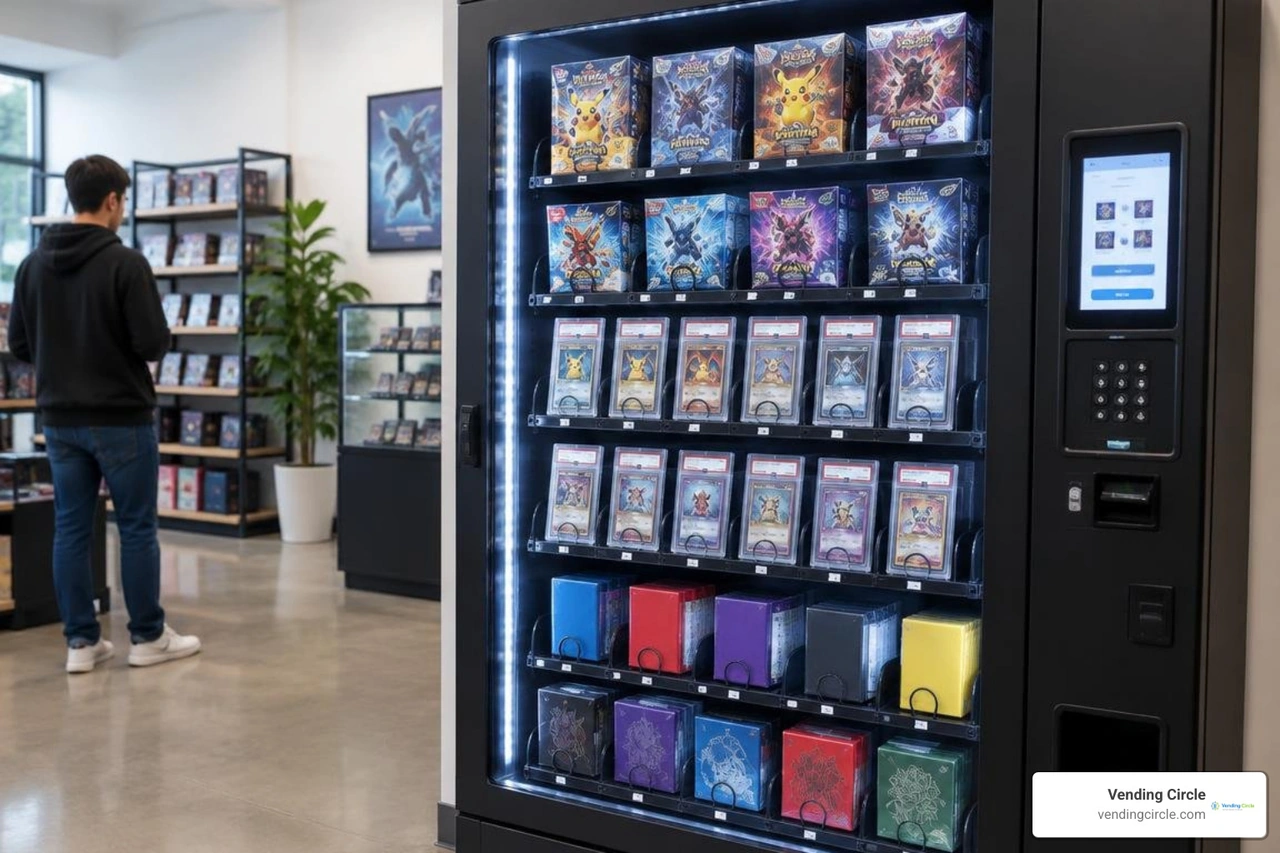 Vending machine shelves stocked with booster boxes, graded card slabs, and protective gaming sleeves Vending machine shelves stocked with booster boxes, graded card slabs, and protective gaming sleeves