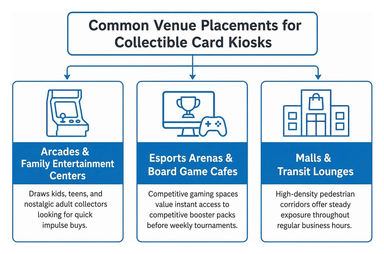 Common venue placements for collectible card kiosks including arcades, malls, and esports hubs Common venue placements for collectible card kiosks including arcades, malls, and esports hubs