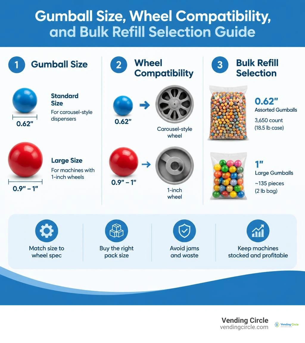 Gumball size, wheel compatibility, and bulk refill selection guide infographic Gumball size, wheel compatibility, and bulk refill selection guide infographic
