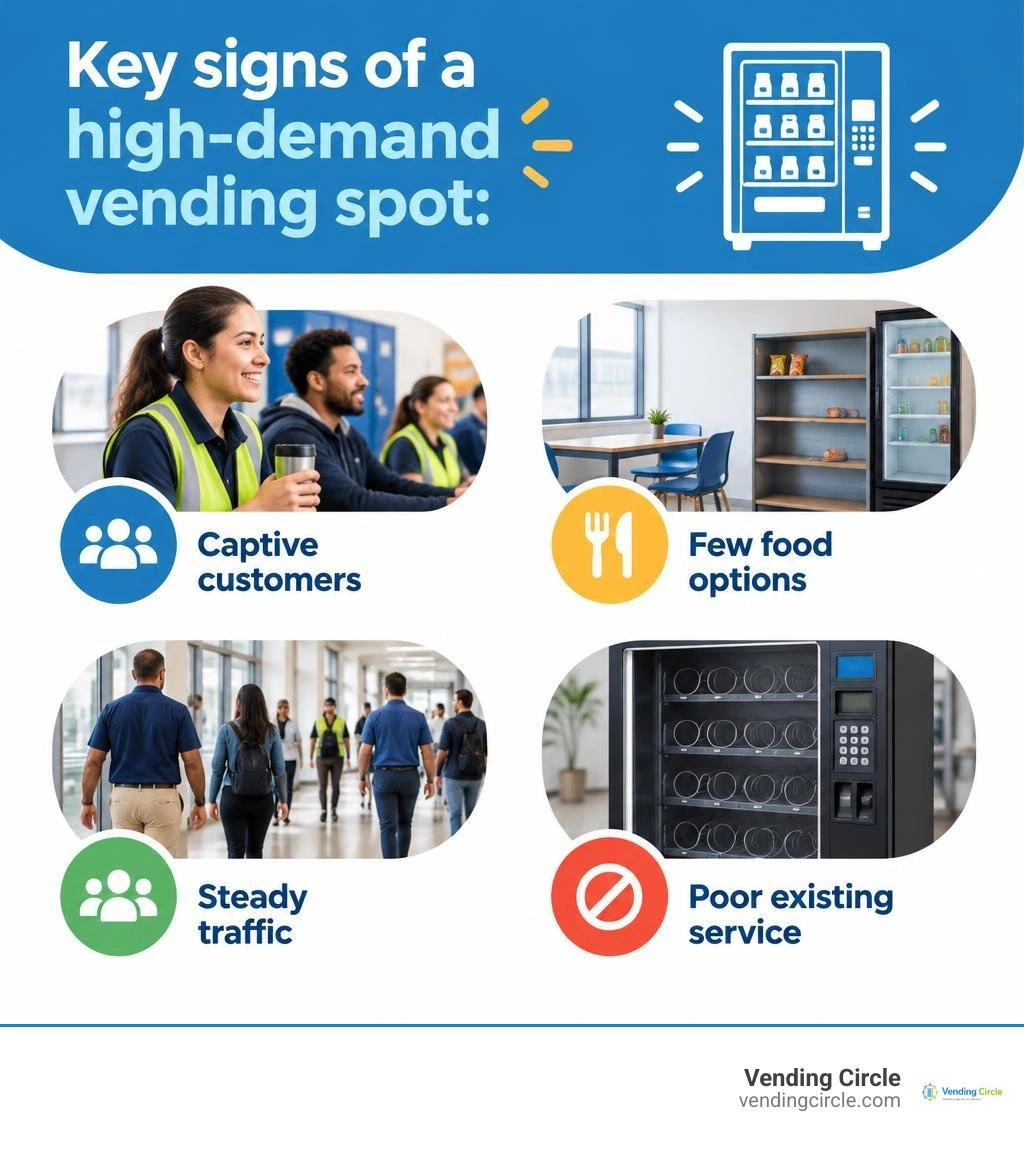 Key signs of a high-demand vending spot: captive customers, few food options, steady traffic, and poor existing service Key signs of a high-demand vending spot: captive customers, few food options, steady traffic, and poor existing service