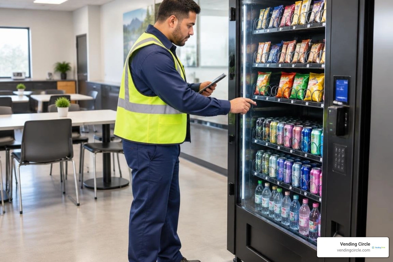 operator inspecting commercial breakroom vending equipment operator inspecting commercial breakroom vending equipment