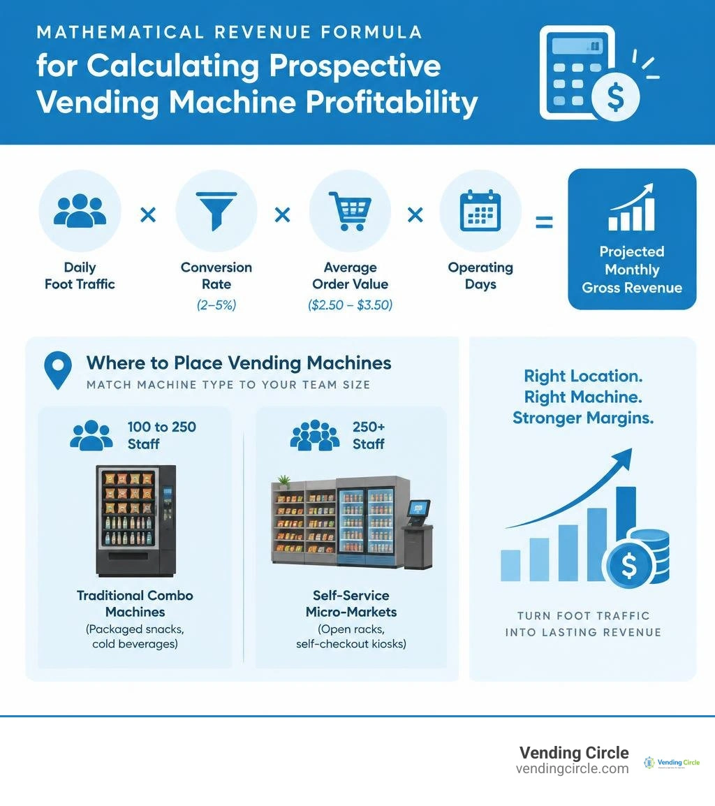 Mathematical revenue formula for calculating prospective vending machine profitability infographic Mathematical revenue formula for calculating prospective vending machine profitability infographic