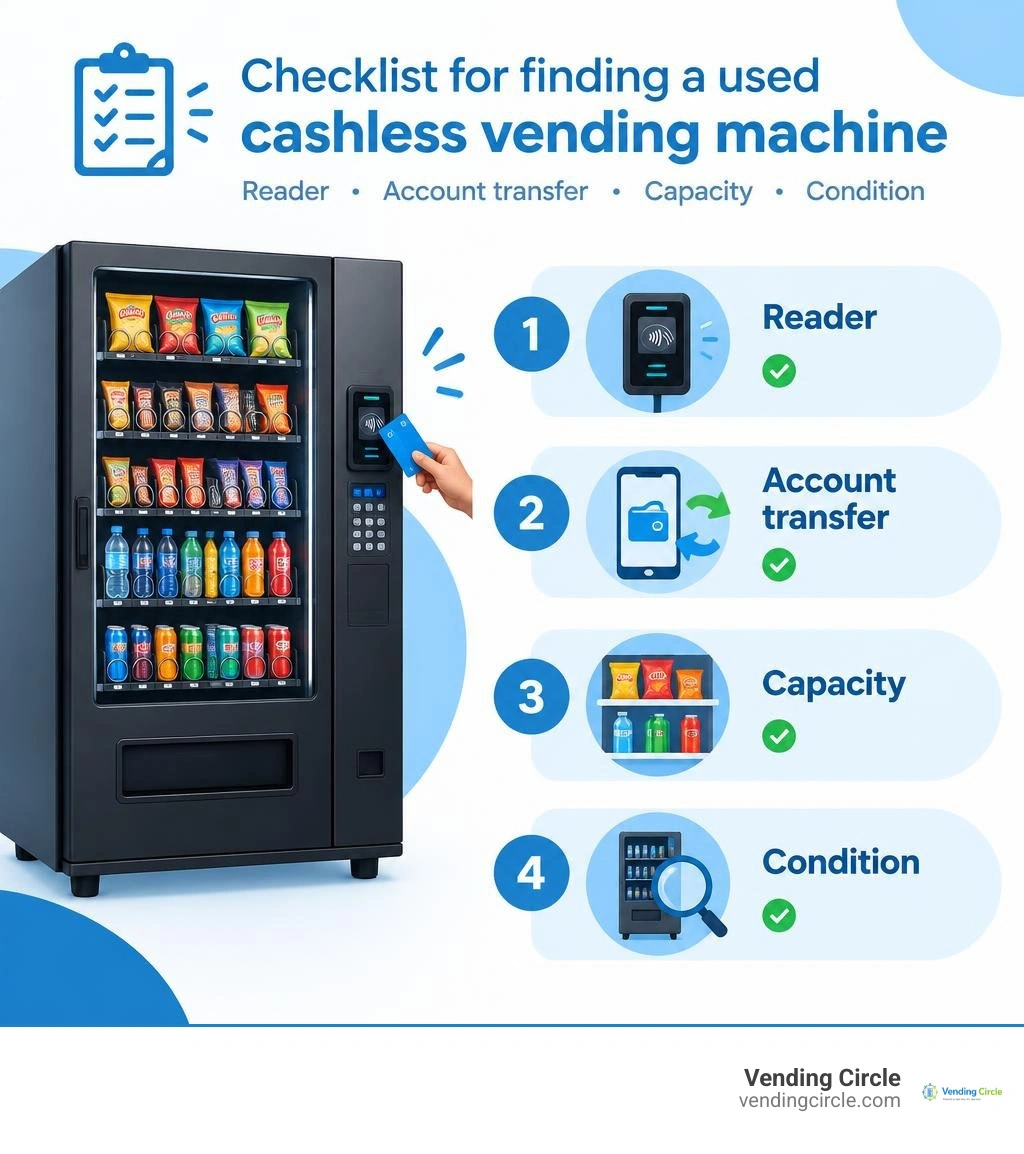 Checklist for finding a used cashless vending machine: reader, account transfer, capacity, and condition infographic Checklist for finding a used cashless vending machine: reader, account transfer, capacity, and condition infographic