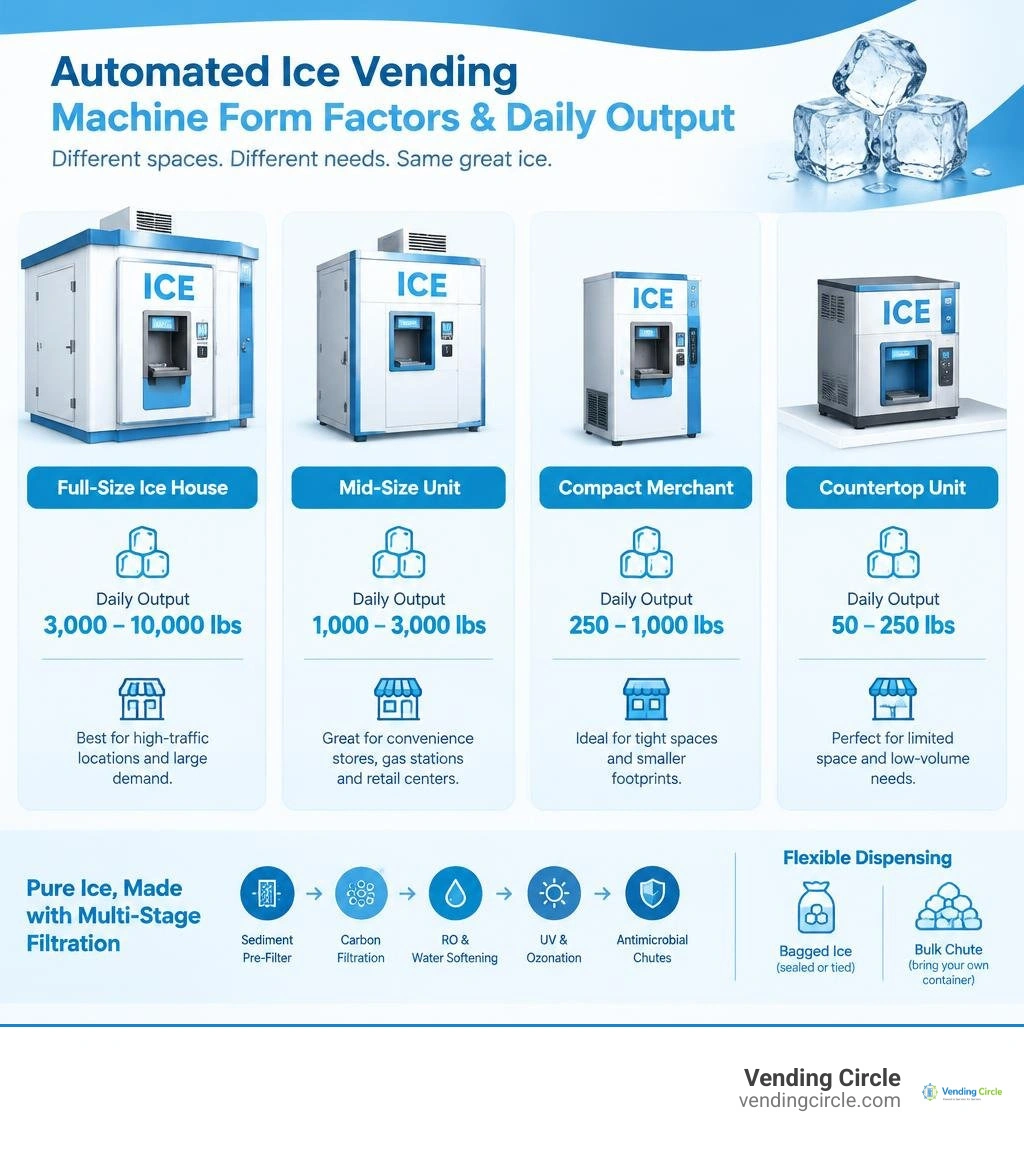 Comparison of different automated ice vending machine form factors and daily output ratings infographic
