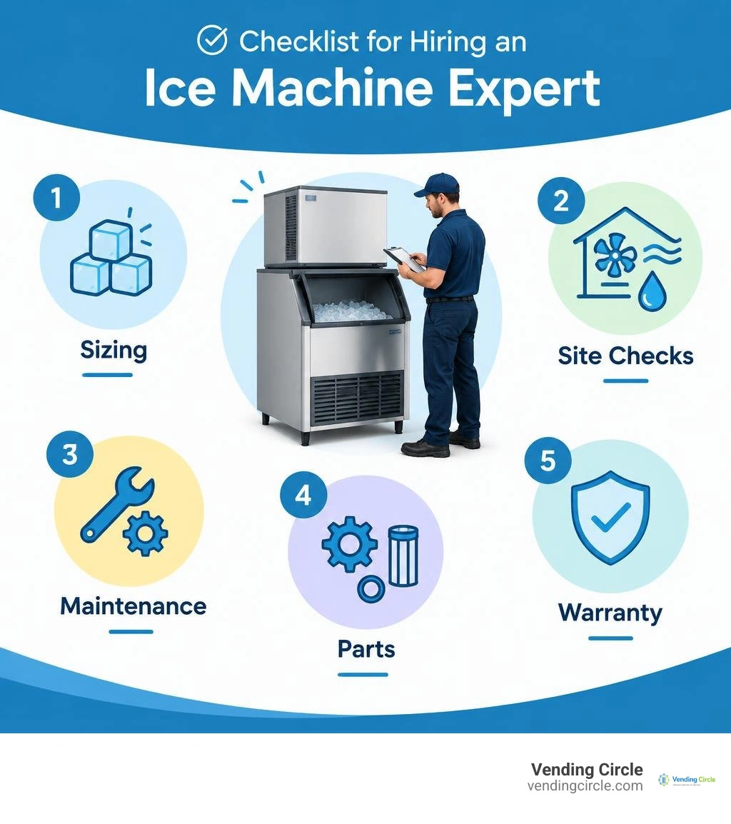 Checklist for hiring an ice machine expert: sizing, site checks, maintenance, parts, and warranty infographic Checklist for hiring an ice machine expert: sizing, site checks, maintenance, parts, and warranty infographic