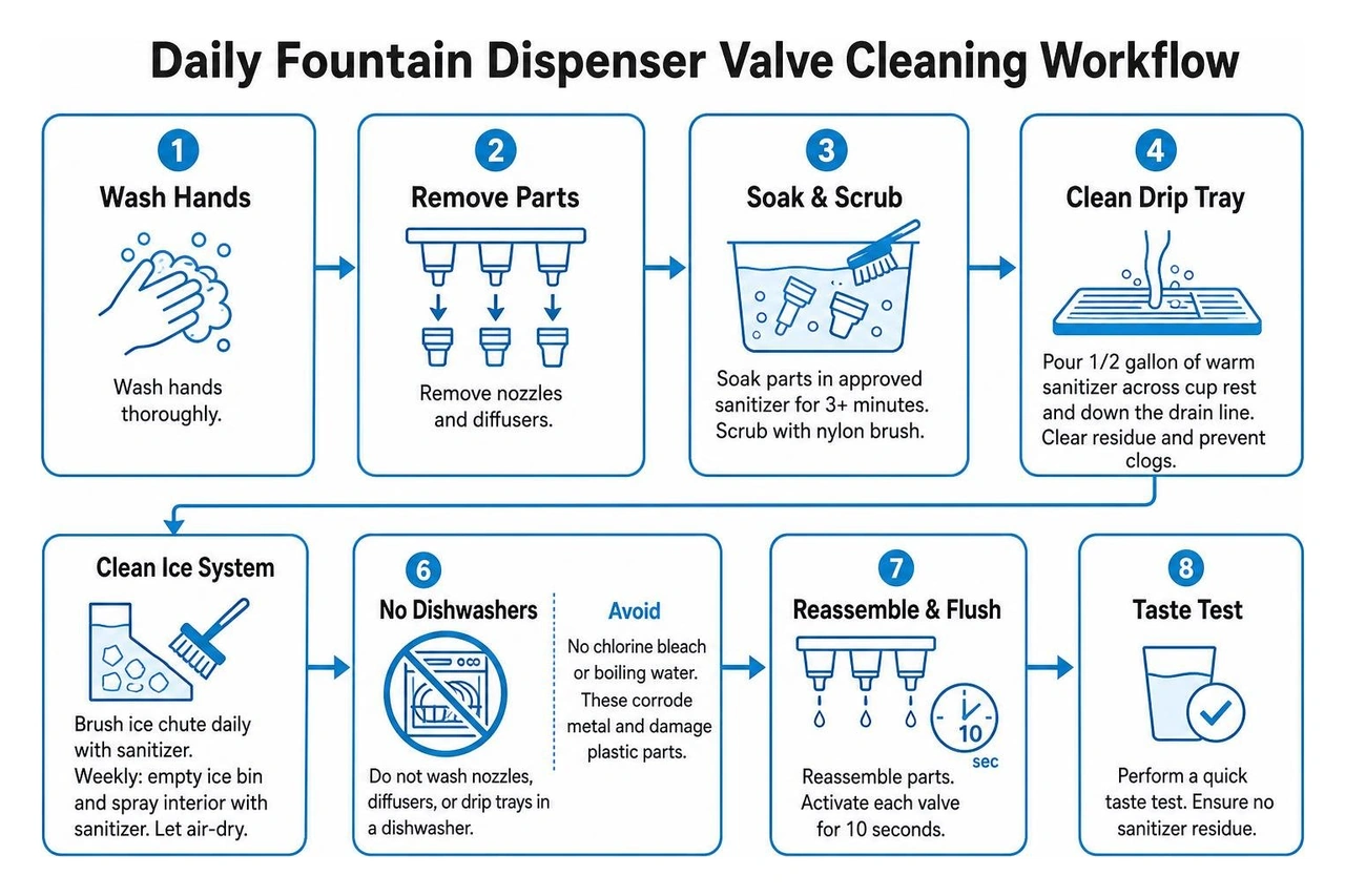 Daily fountain dispenser valve cleaning workflow Daily fountain dispenser valve cleaning workflow
