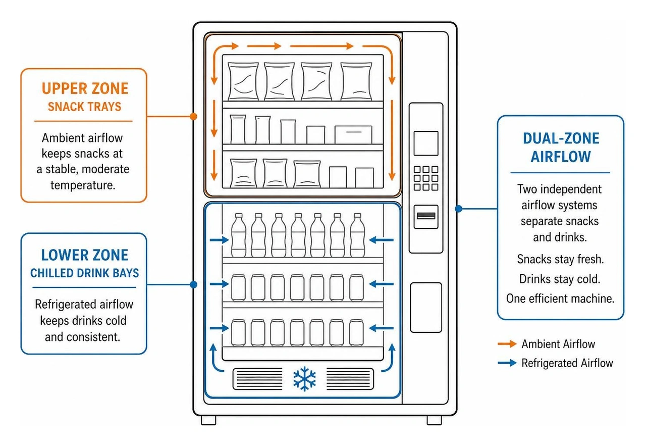 Diagram showing dual-zone airflow separating upper snack trays and lower chilled drink bays
