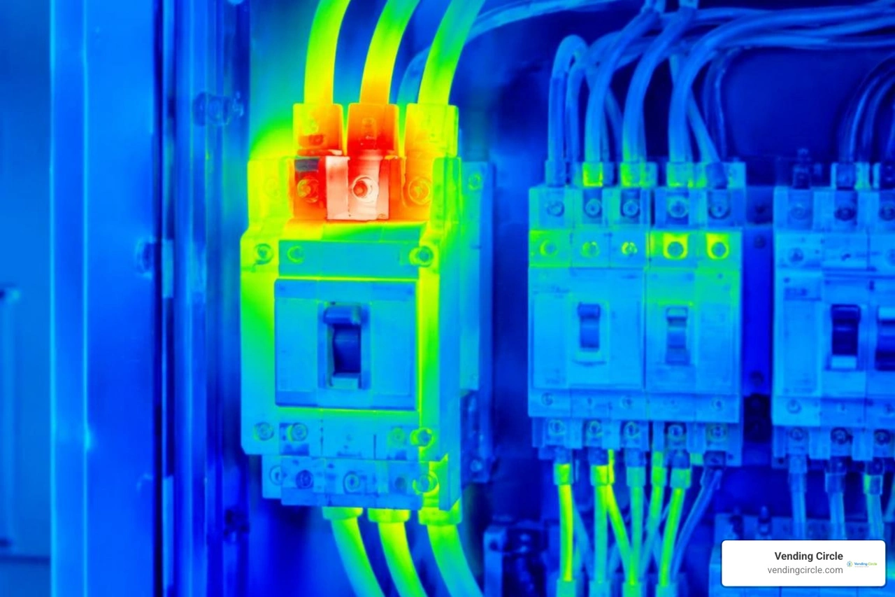 Thermographic infrared scan displaying an electrical hotspot on a machine control panel Thermographic infrared scan displaying an electrical hotspot on a machine control panel