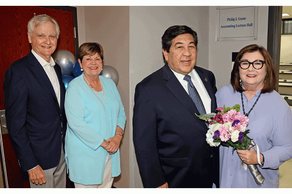In recognition for their support of UNO, the Philip J. Gunn Accounting Lecture Hall and the Thomas M. and Constance P. Kitchen Lecture Hall were dedicated Tuesday in Kirschman Hall, which houses the College of Business Administration.