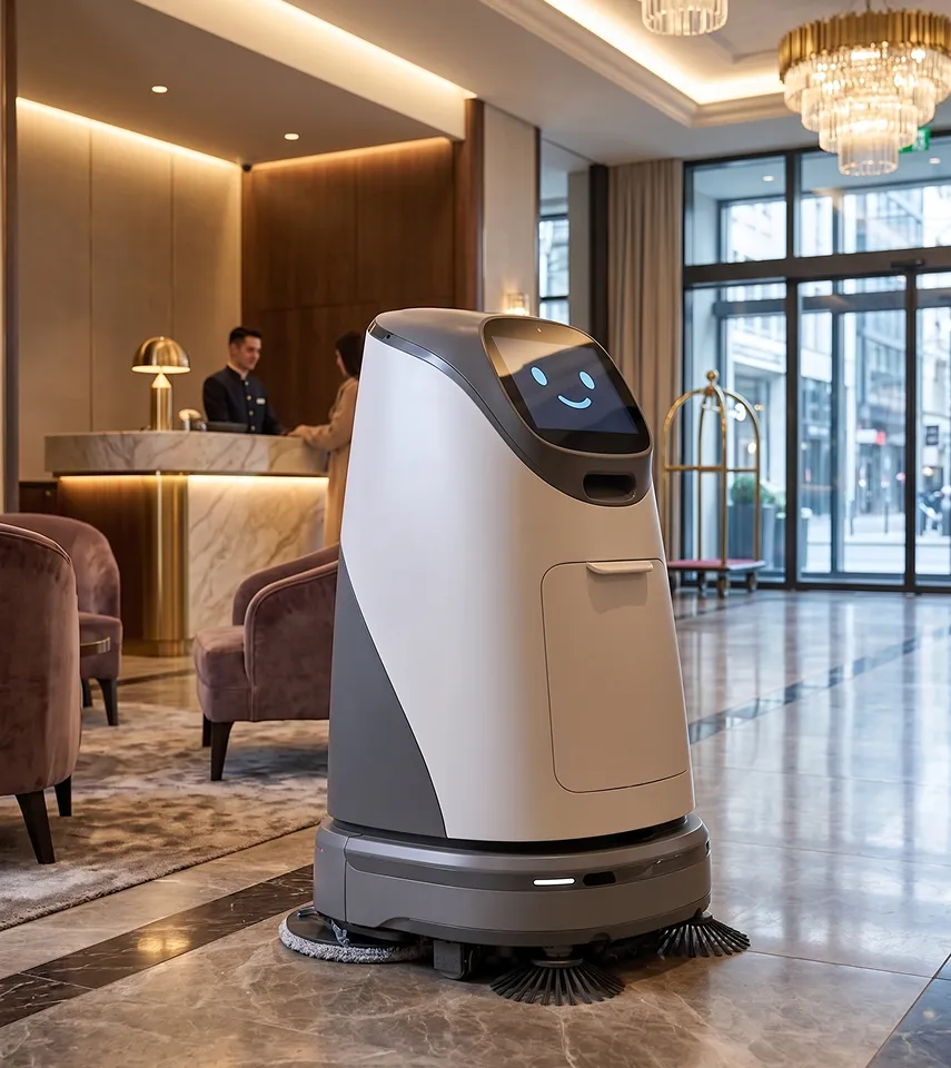 Autonomous cleaning robot with a smiling face screen in a hotel lobby near reception and chairs.