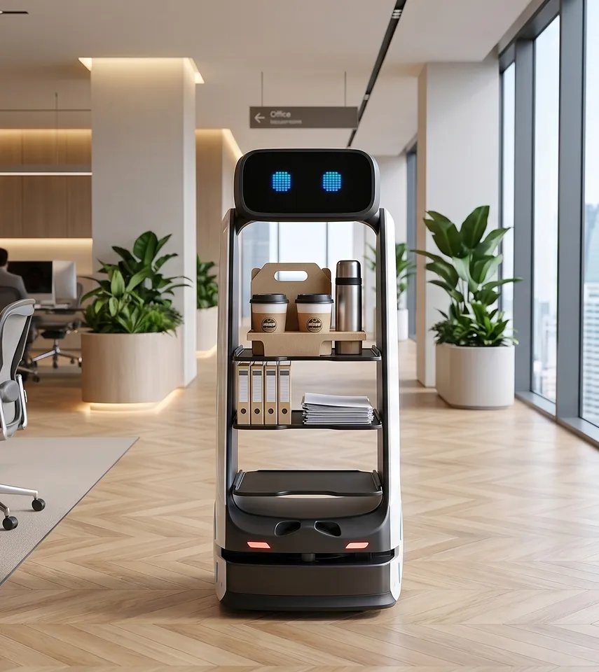 Service robot with digital eyes carrying coffee cups, a thermos, and files in a modern office.