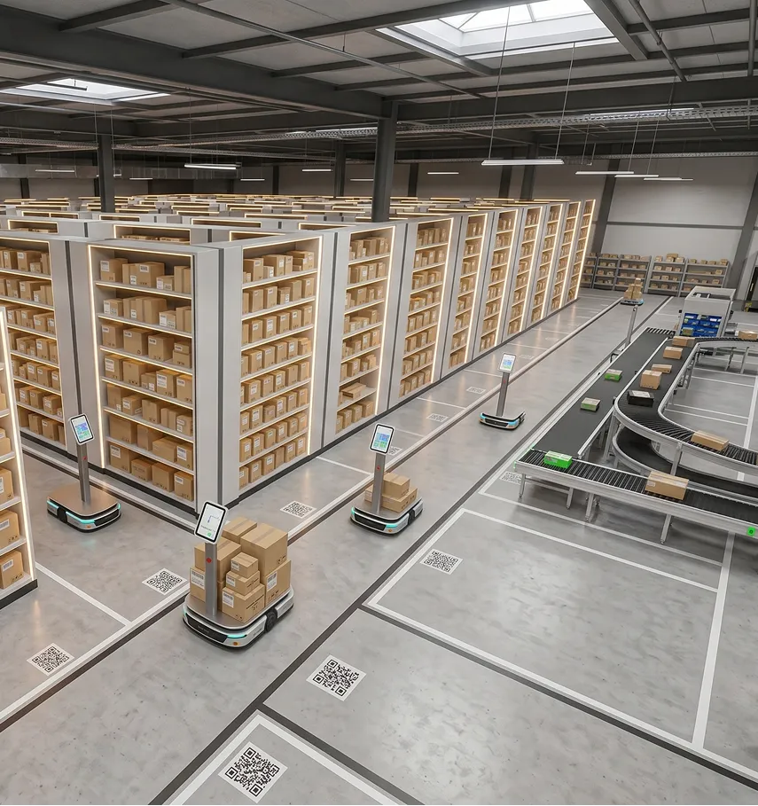 Automated warehouse with robots moving stacked boxes along aisles and conveyor belts for logistics.