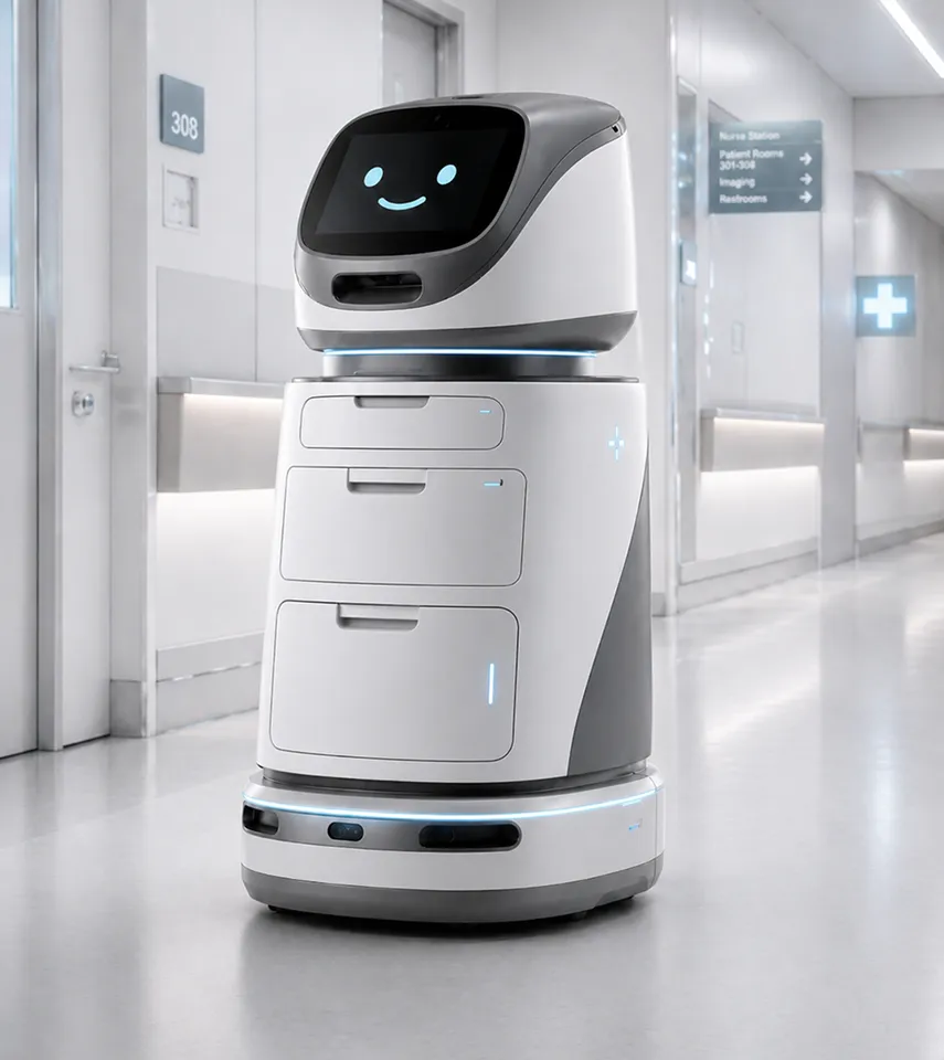 White medical delivery robot with a smiling face screen in a hospital corridor.