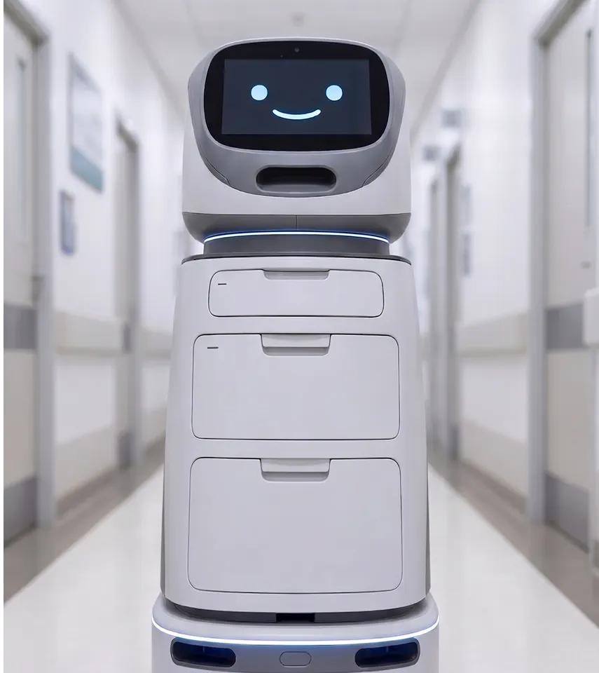 White hospital delivery robot with a smiling digital face in a clinical hallway.