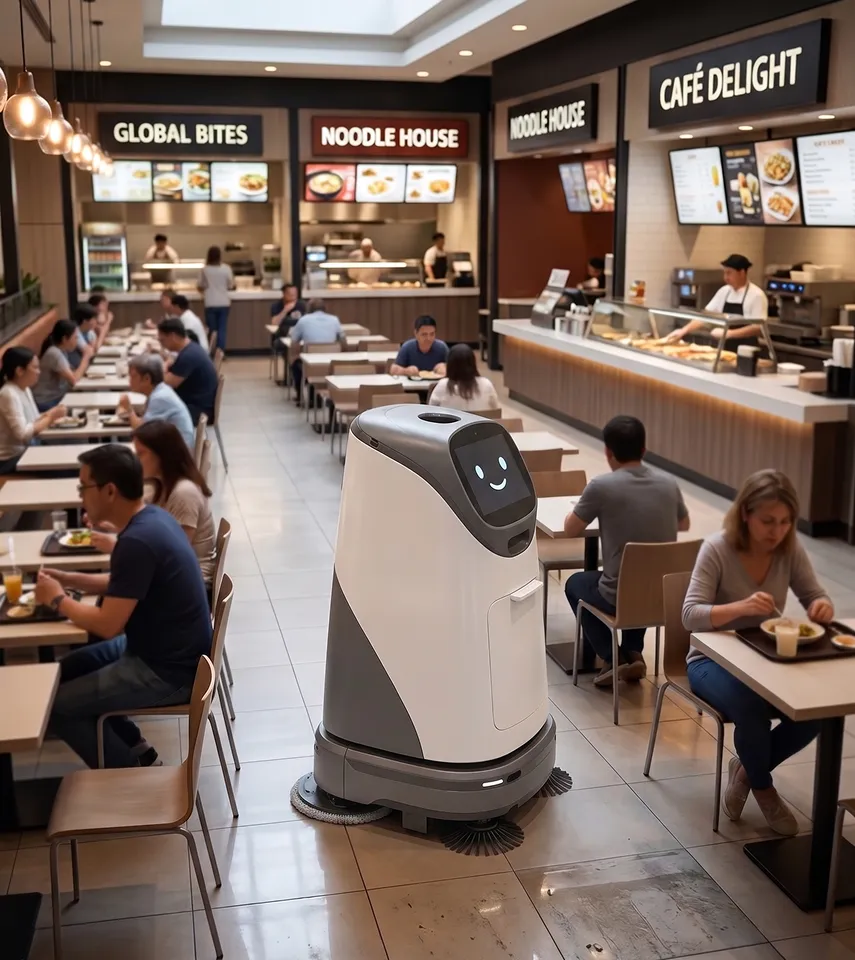 Smiling floor-cleaning robot operating in a busy food court with diners and restaurant counters.