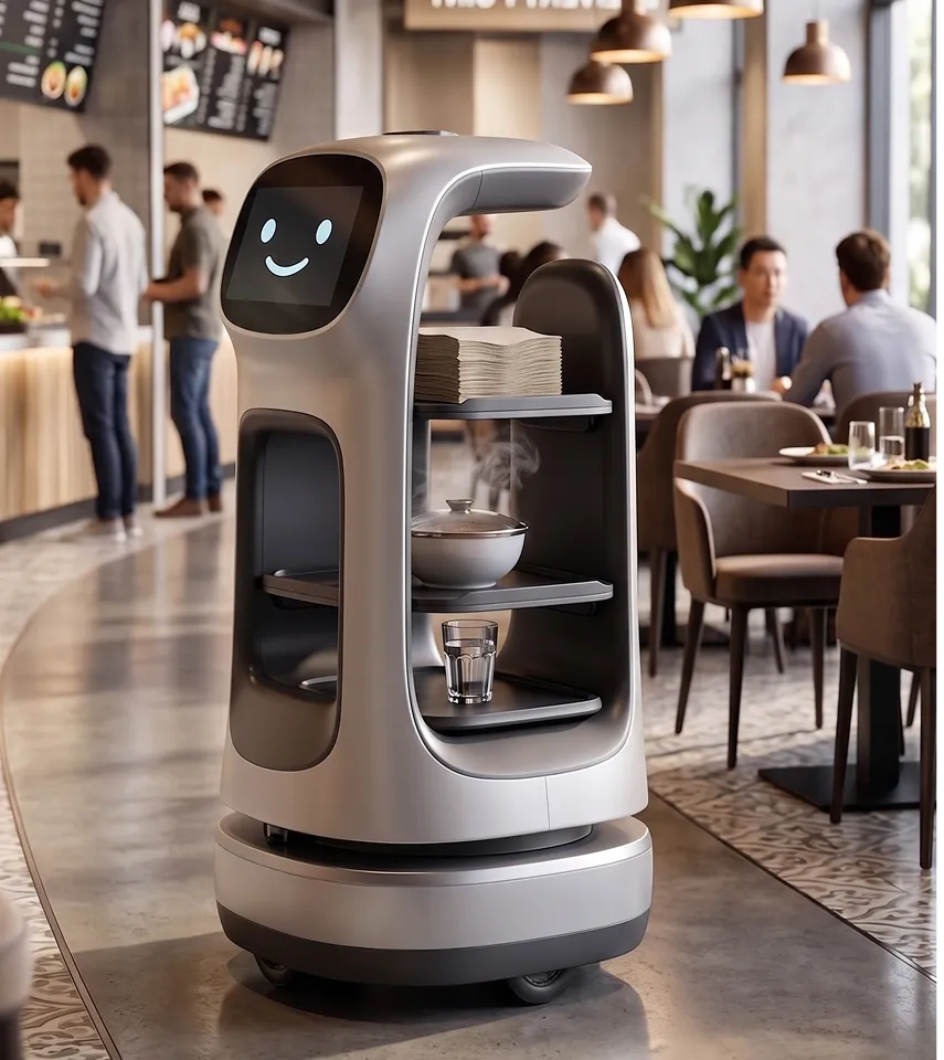 Friendly robot waiter with shelves carrying a bowl, glass, and napkins in a busy restaurant.