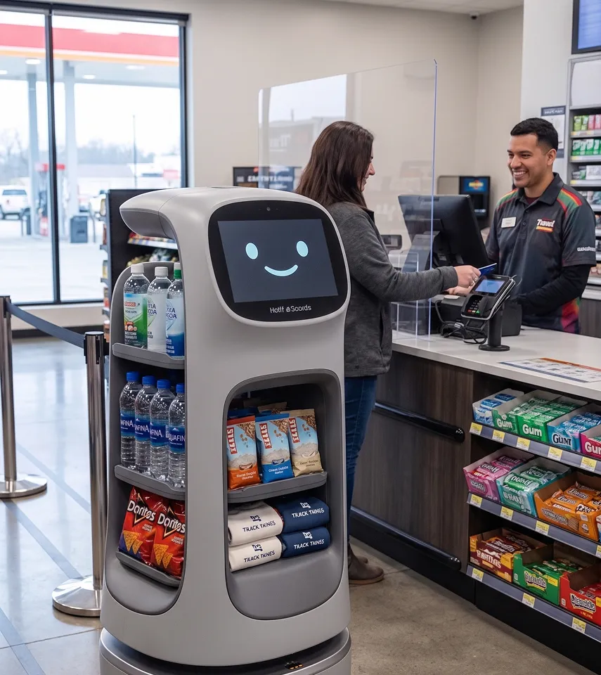 Smiling robot stocked with snacks and water in convenience store with masked cashier and customer.
