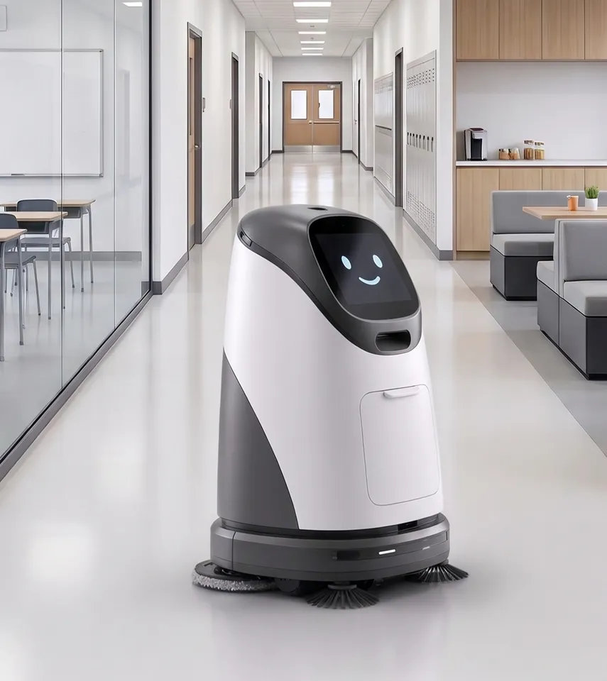 Autonomous floor-cleaning robot with a smiling face screen in a modern office hallway.