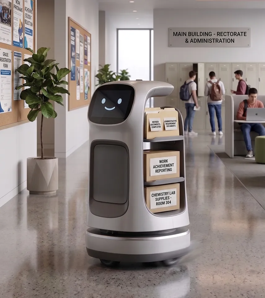 Robot with a smiling screen carries labeled folders in a school hallway with students and lockers.
