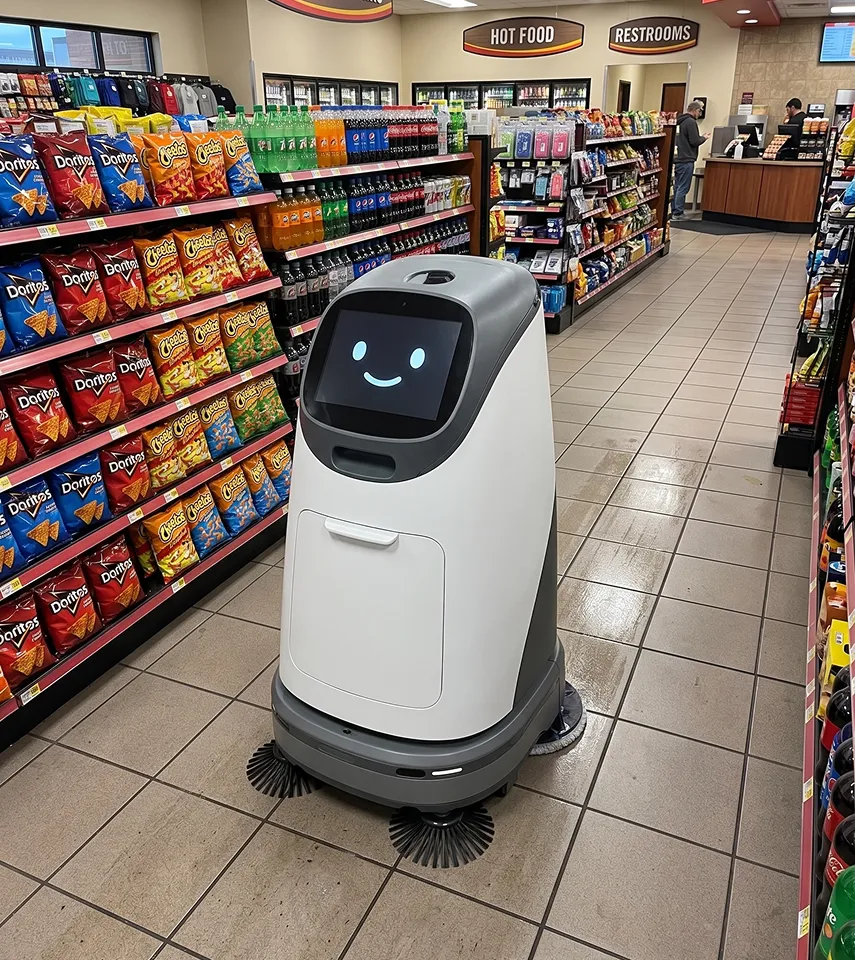 Autonomous cleaning robot with a smiling face screen operating in a grocery store aisle.