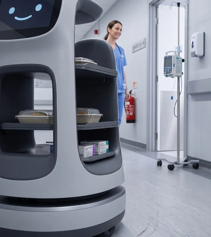 Robot cart with medical supplies and meals in hospital corridor with smiling nurse in background.
