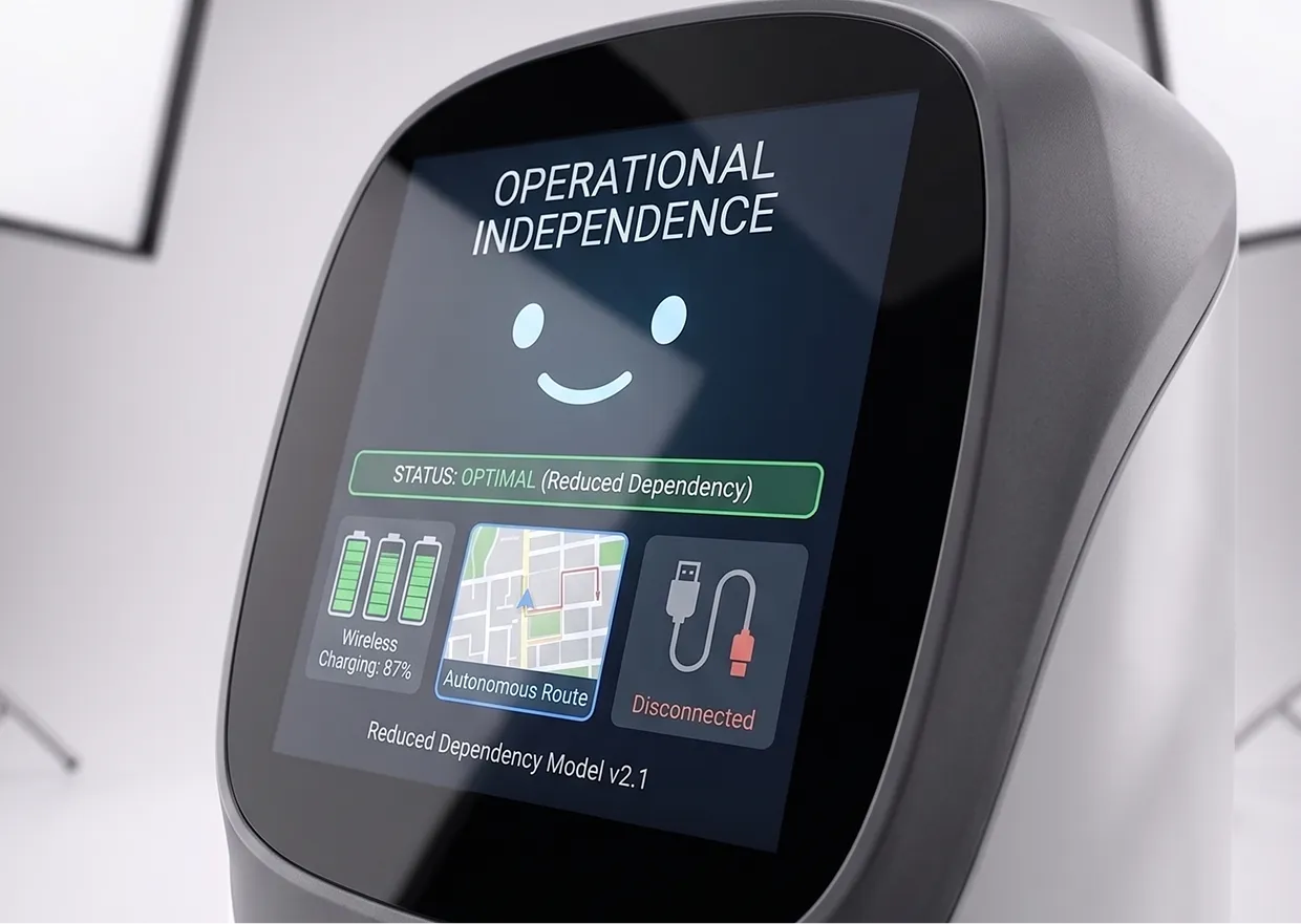 Robot screen showing operational independence with wireless charging at 87%, autonomous route, and disconnected USB.