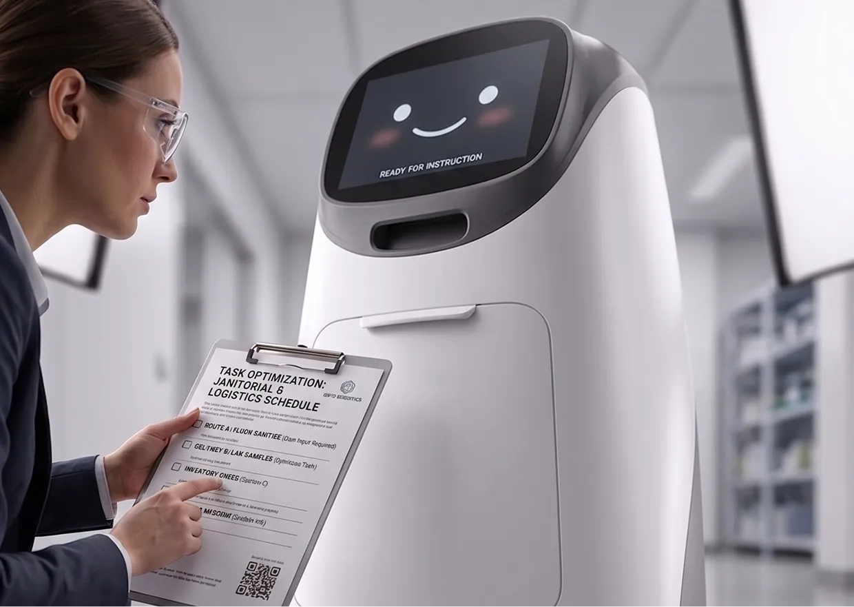 Woman in safety glasses interacting with a smiling robot displaying a janitorial task checklist.