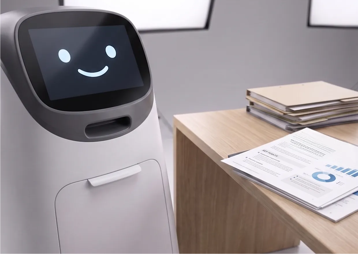Friendly robot with a smiling face on screen next to a wooden desk with papers and folders.