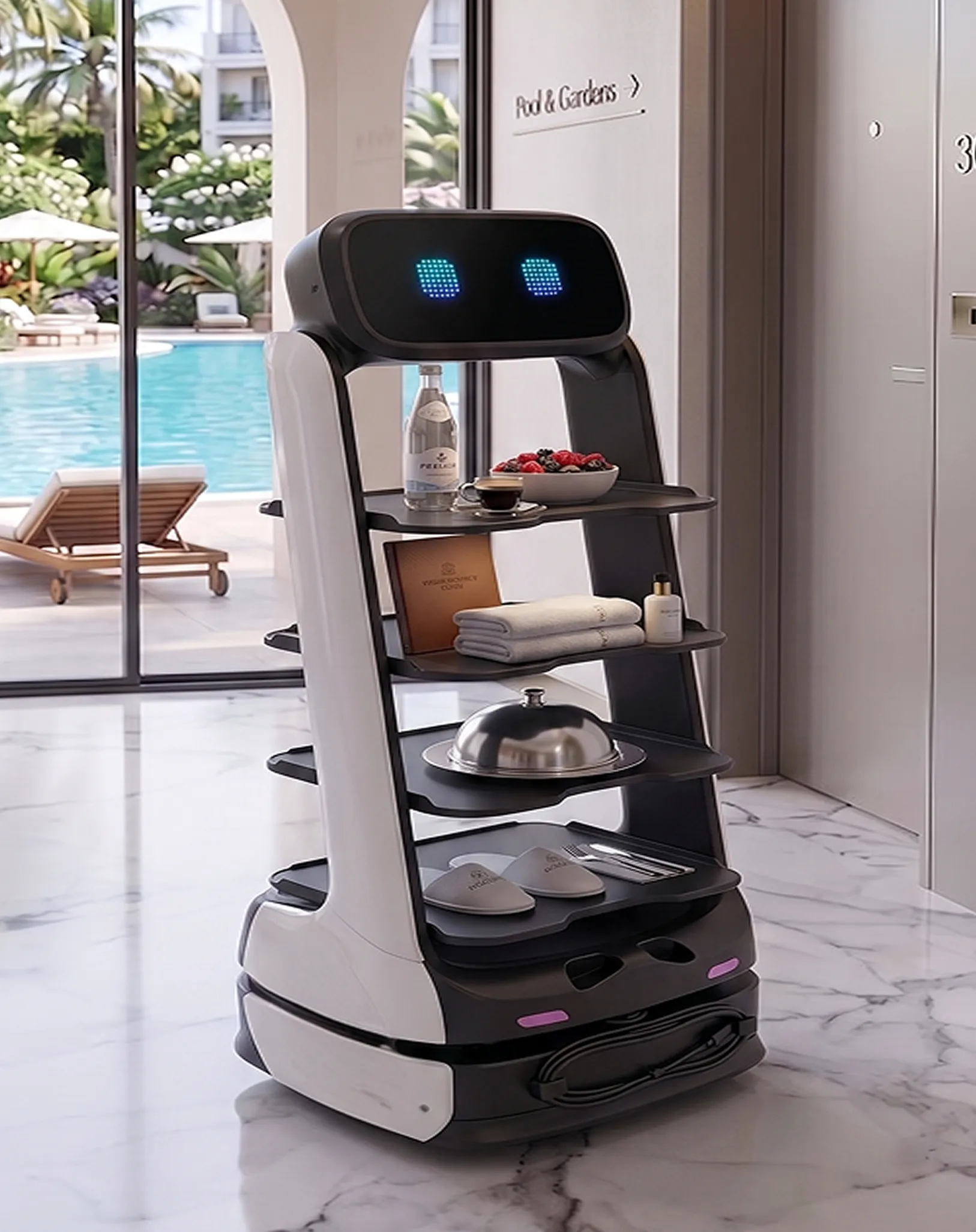 Hospitality robot with shelves carrying food, towels, slippers, and toiletries near a pool area.