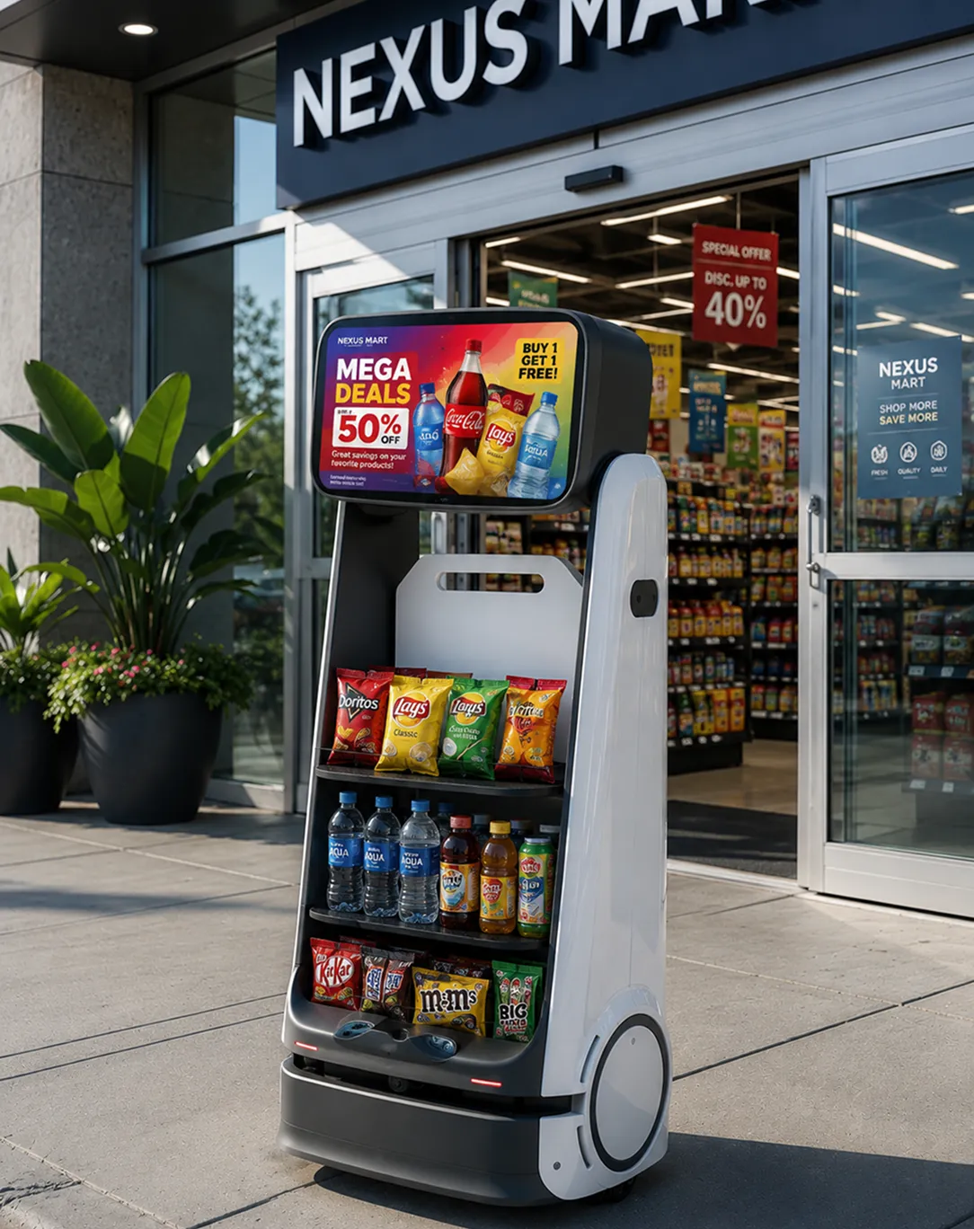 Autonomous delivery robot with blue digital eyes and shelves standing outside Nexus Market entrance.