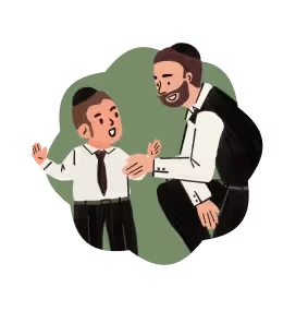 Man with beard crouching and talking to a happy young boy in a white shirt and black tie.