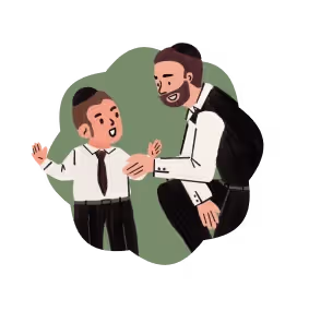 Man with beard crouching and talking to a happy young boy in a white shirt and black tie.