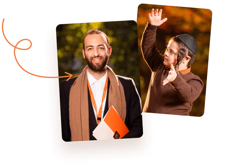 Man with beard holding book wearing scarf beside boy in kippah gesturing with hands outdoors.