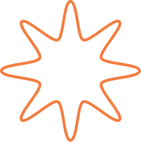 Orange eight-point star shape with curved edges on a transparent background.