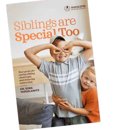 Cover of 'Siblings are Special Too' guide with two smiling boys, one making glasses with hands, other hugging him.