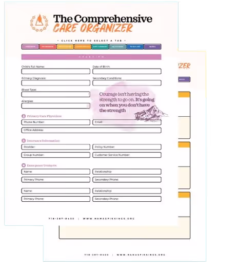 The Comprehensive Care Organizer form with fields for child and insurance info and a motivational quote.