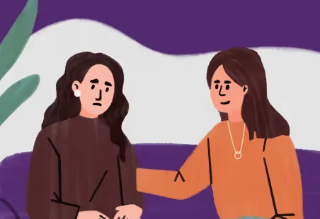 Illustration of a person comforting another who looks sad, with a supportive hand on the shoulder.