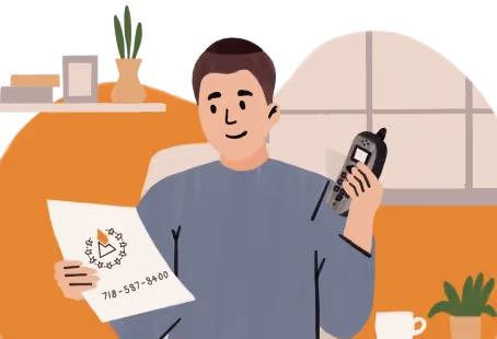 Person holding a phone in one hand and paper with a phone number and play icon in the other.