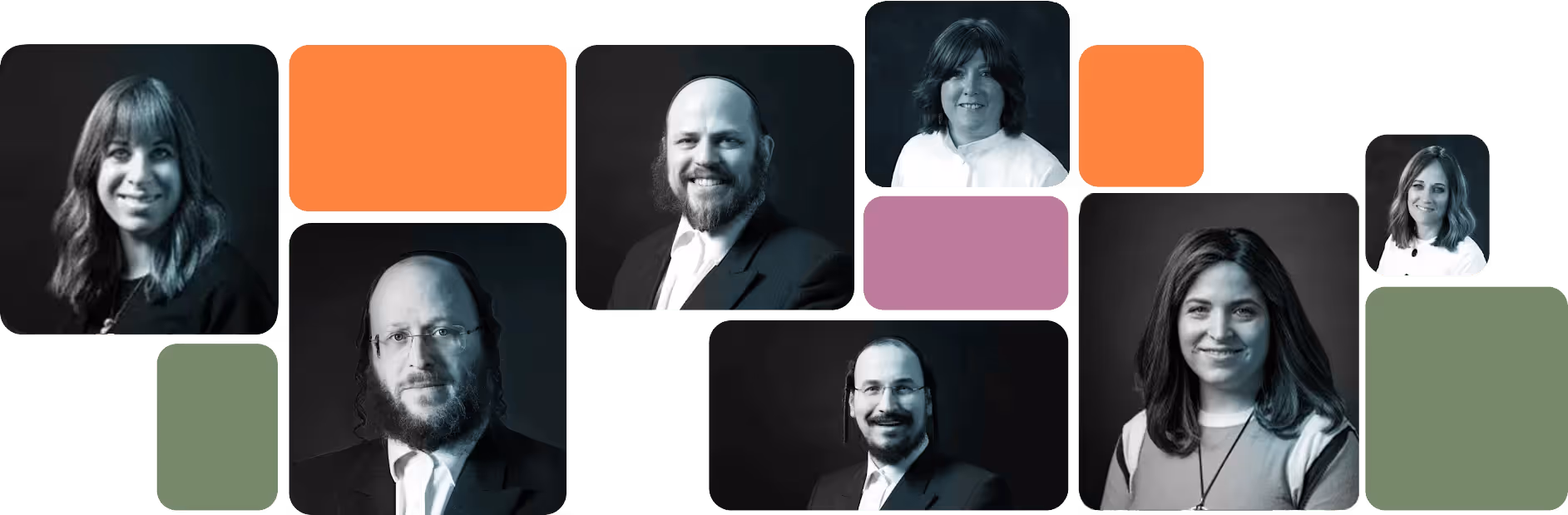 Collage of six black and white portraits of men and women with colorful squares in between.