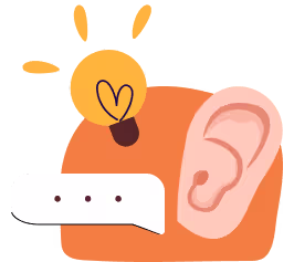 Illustration of an ear, speech bubble with three dots, and a glowing light bulb representing listening and ideas.