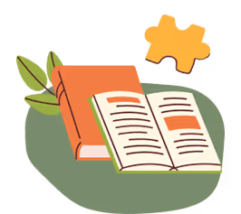 Illustration of one closed and one open book with leaves and a puzzle piece above them.