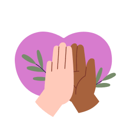 Two hands, one light and one dark, high-fiving with a purple heart and leaves in the background.
