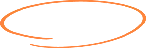 Hand-drawn orange elliptical swirl with a tail extending from the bottom left.