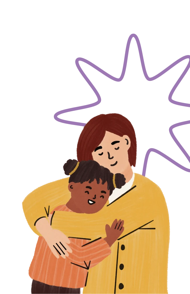 Illustration of an adult hugging a smiling child with pigtails, both showing affection.