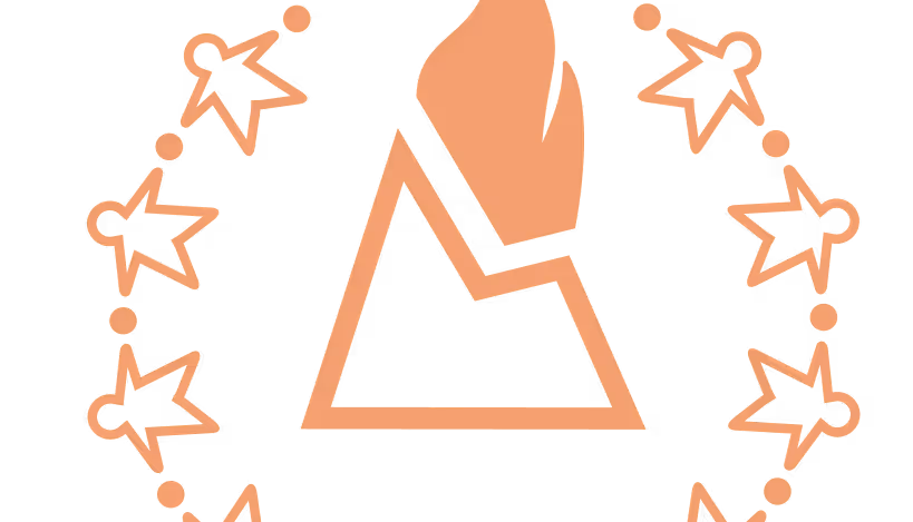 Orange flame icon within a triangle surrounded by a circle of six human figures holding hands.