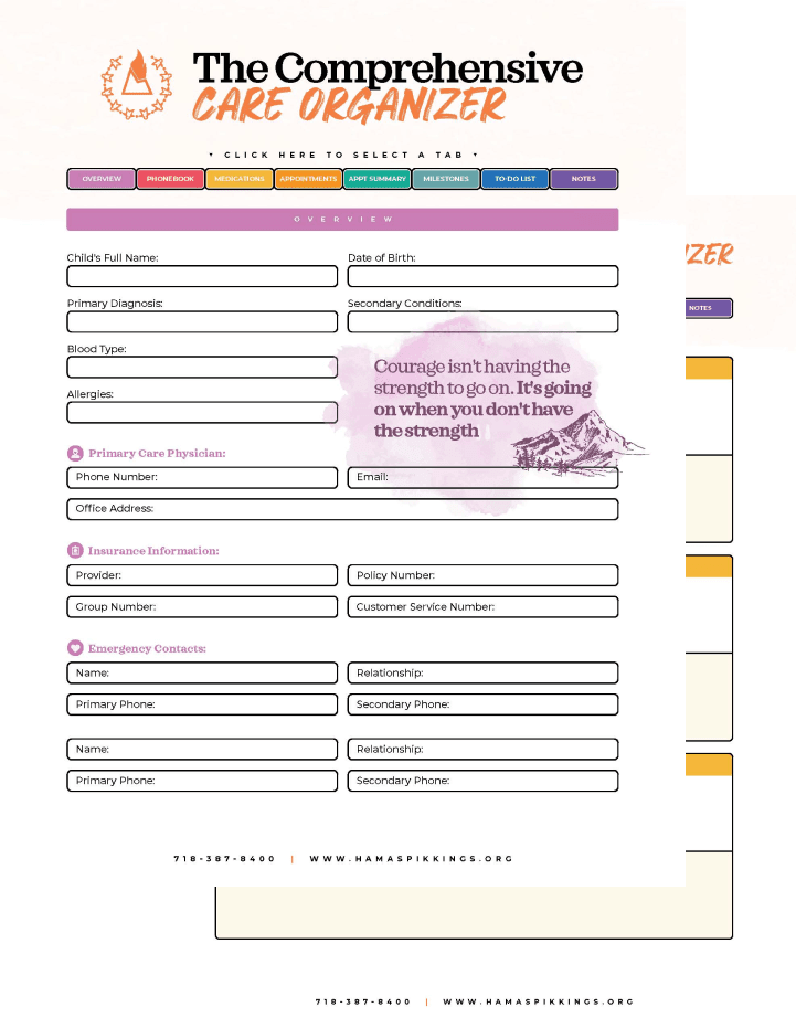 Form titled The Comprehensive Care Organizer with fields for child's info, physician, insurance, and emergency contacts.