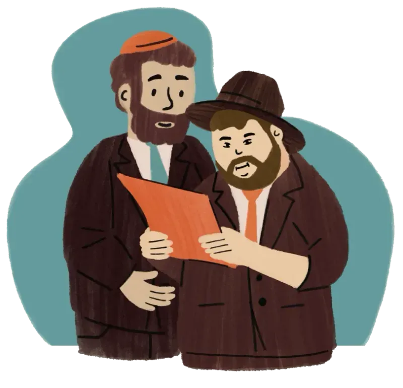 A drawing of a man reading a paper to another man.