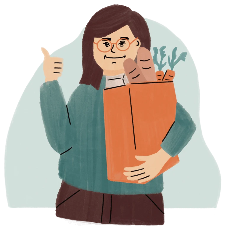 Person with glasses holding a grocery bag filled with bread and vegetables, giving a thumbs up.